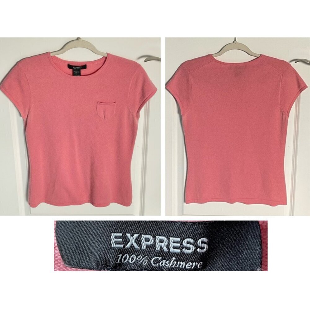 Express vintage y2k Pink Cashmere short Cap Sleeve Pocket Sweater 35707